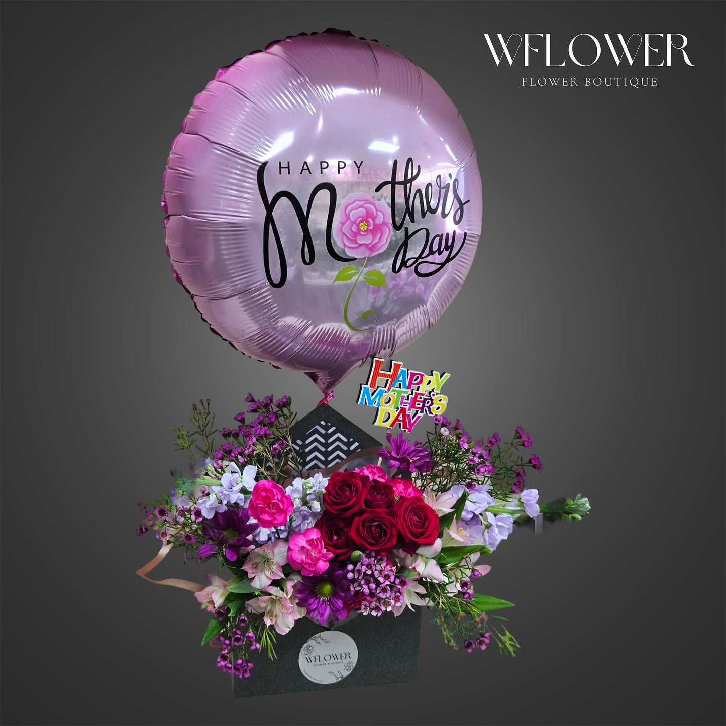 Mother’s Day mixed flower box arrangement with balloon