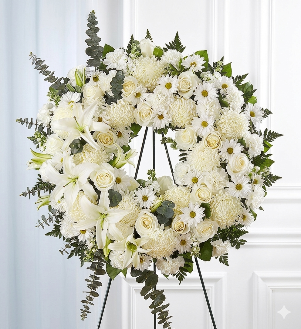 Elegant white sympathy wreath with roses, lilies, chrysanthemums, daisies, carnations, and greenery on an easel stand.
