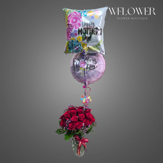 Mother’s Day red rose vase arrangement with festive balloons