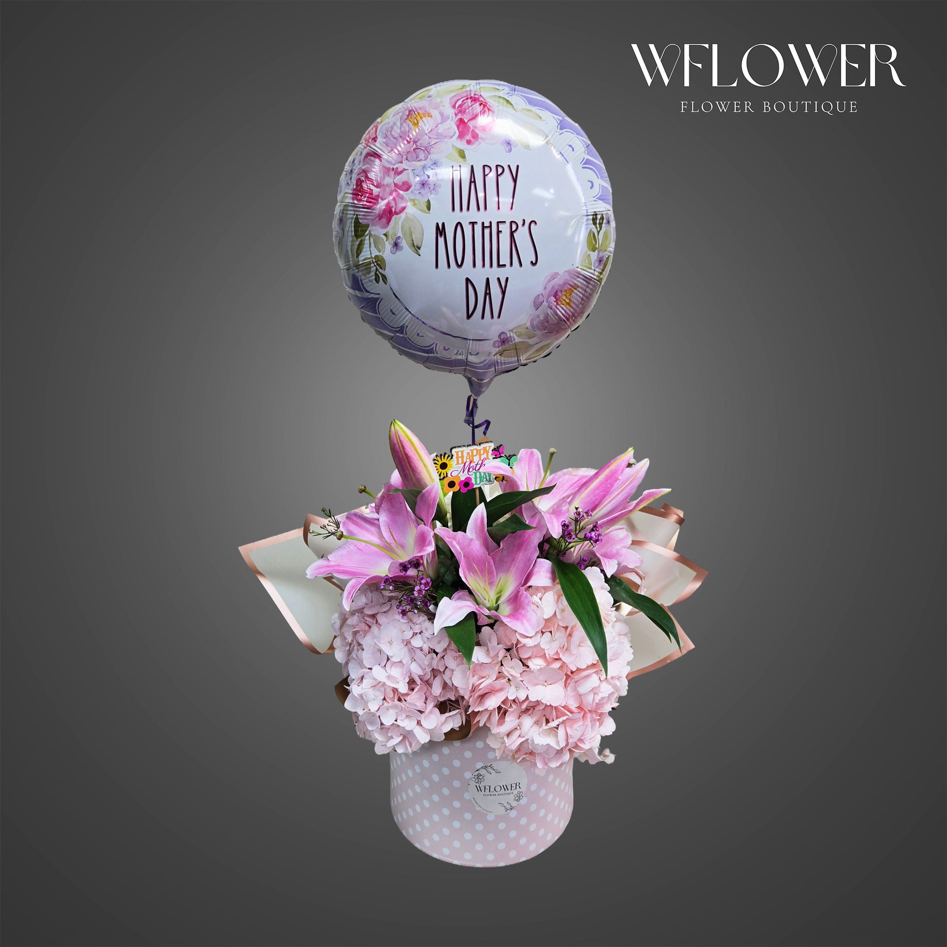 Mother’s Day hydrangea and lily flower box with balloon