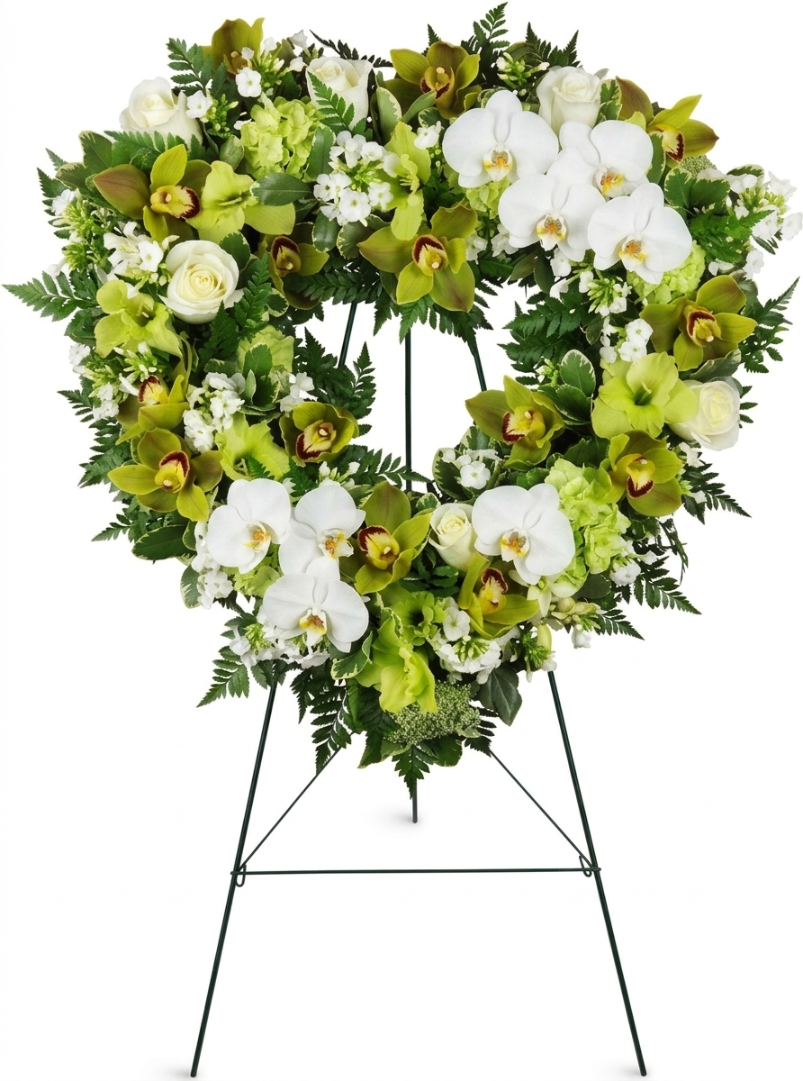 Premium sympathy wreath with white phalaenopsis orchids, green cymbidium orchids, roses, and greenery on an easel.