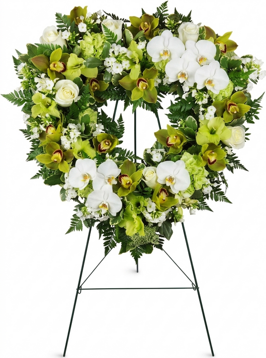 Premium sympathy wreath with white phalaenopsis orchids, green cymbidium orchids, roses, and greenery on an easel.