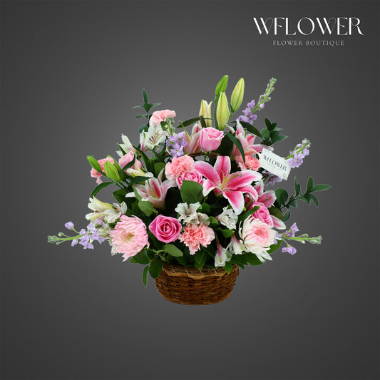 Pink Lily & Rose Basket Arrangement