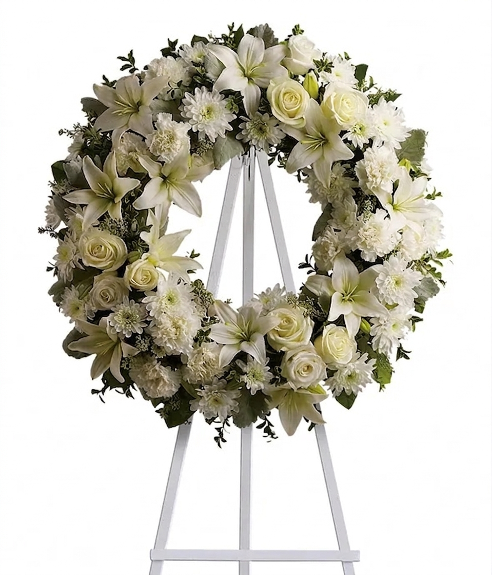 White sympathy wreath with lilies, roses, chrysanthemums, carnations, and greenery on an easel stand.