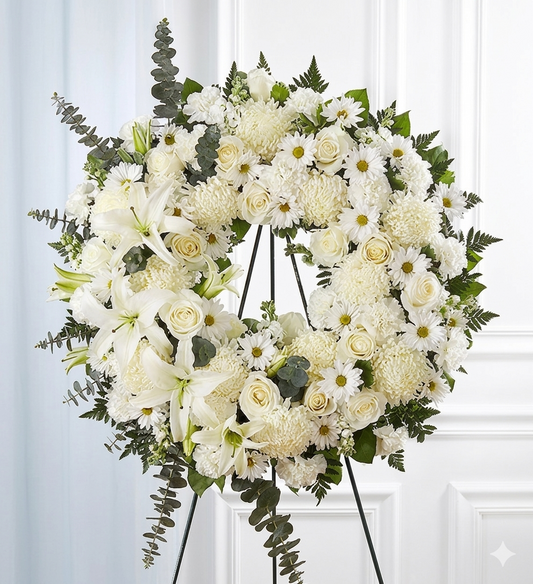 Elegant white sympathy wreath with roses, lilies, chrysanthemums, daisies, carnations, and greenery on an easel stand.