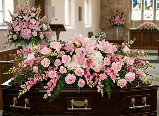 Large pink casket spray with pink lilies, roses, hydrangea, carnations, and greenery.