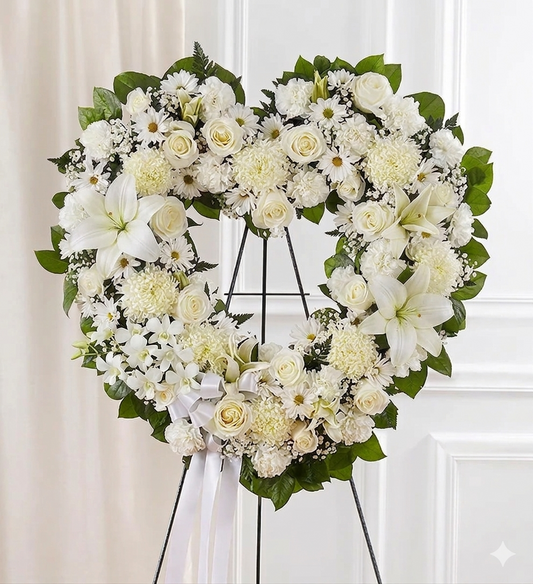 Heart-shaped white sympathy wreath with roses, lilies, chrysanthemums, daisies, and greenery on an easel stand.
