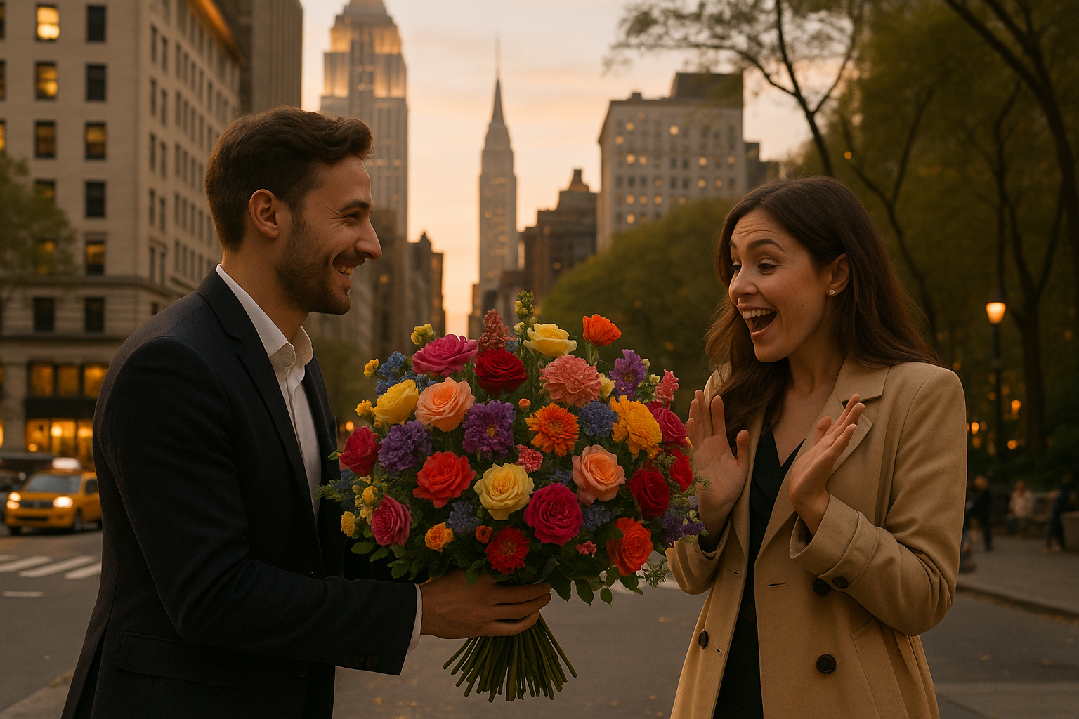 man surprising woman with a huge bouquet of flowers (european couple) in nyc