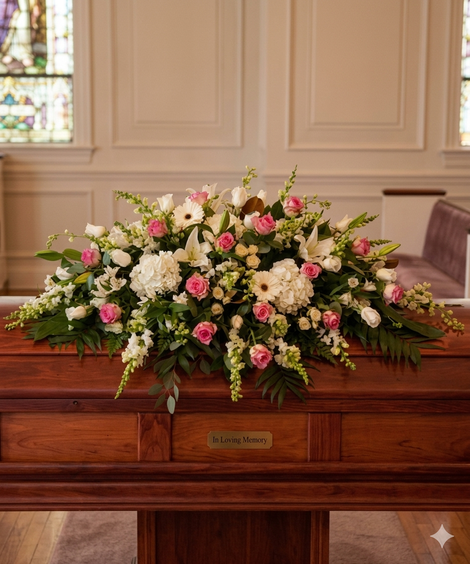 Pink and white pastel casket spray with roses, lilies, hydrangea, and greenery.
