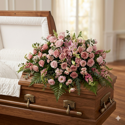 Blush pink casket spray with roses, spray roses, stock, eucalyptus, and greenery.
