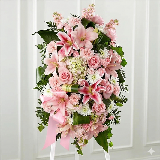 Pink standing sympathy spray with lilies, roses, carnations, and greenery on an easel.