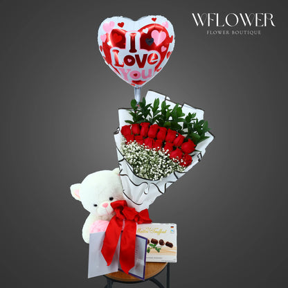 Special Valentine Red Roses Bouquet With Chocolates & Bear