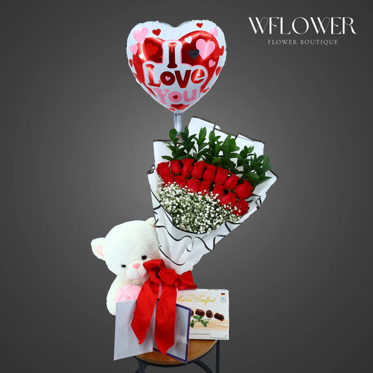 Special Valentine Red Roses Bouquet With Chocolates & Bear