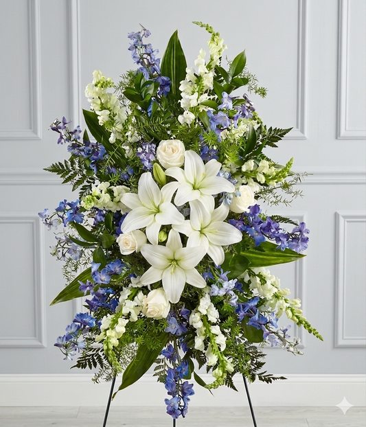 Blue and white standing sympathy spray with white lilies, white roses, snapdragons, delphinium, and greenery.