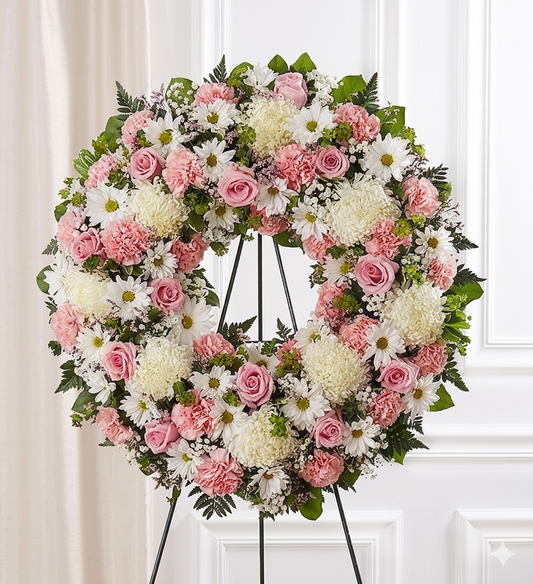 Pink and white sympathy wreath with pink roses, carnations, chrysanthemums, daisies, and greenery on an easel stand.